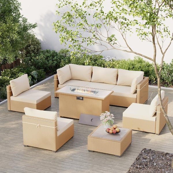 UPHA 8-Piece Outdoor Yellow Wicker Patio Conversation Set with Wicker Fire Pit Table with Beige Cushions
