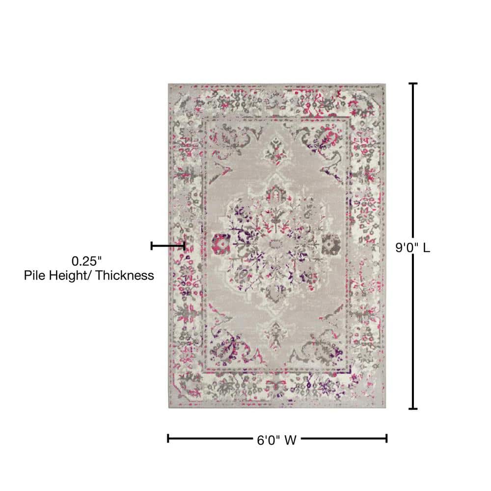 Gray and Pink Medallion 6' x 9' Reversible Area Rug
