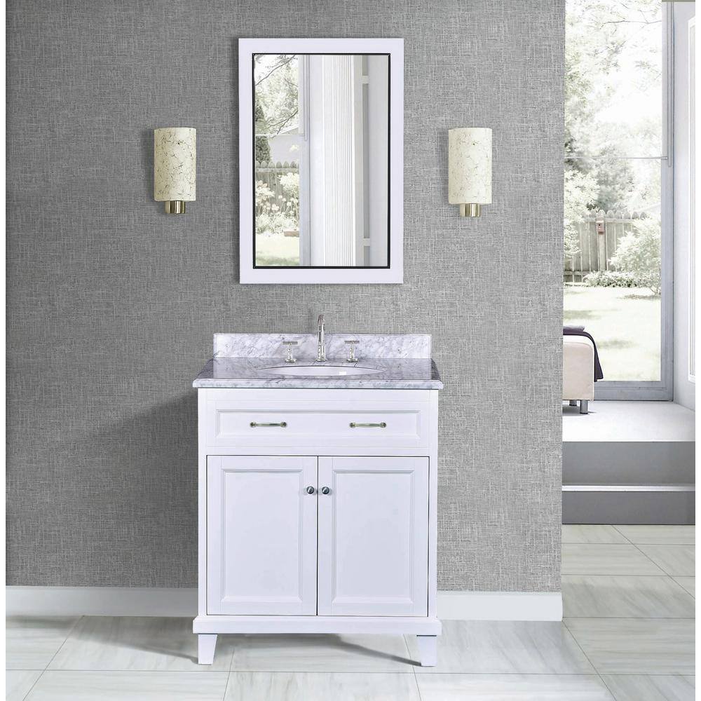 30" White Solid Wood Bathroom Vanity with Carrara Marble Top
