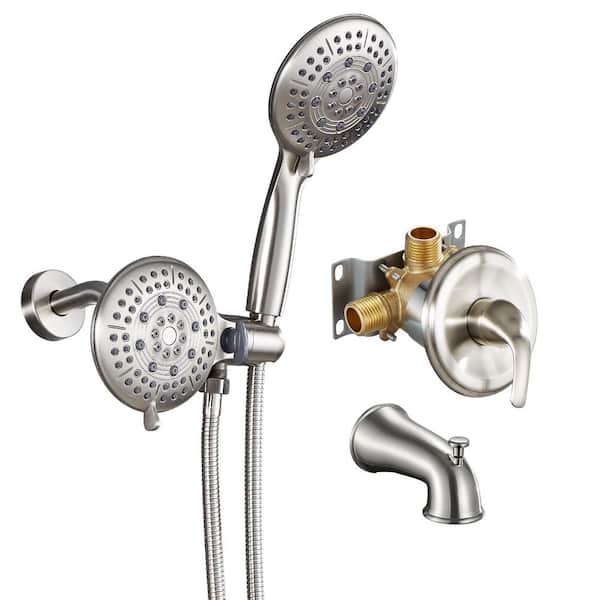 Zalerock 2-in-1 Single-Handle 6-Spray Round Shower Faucet with Dual Shower Heads and Tub Spout in Brushed Nickel (Valve Included)