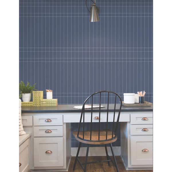 Navy Linear Gridwork Non Woven Preium Paper Peel and Stick Matte Wallpaper Approximately 34.2 sq. ft