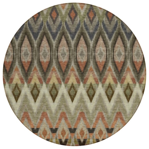 Taupe, Olive Green, Beige 8 ft. Round Woven Oriental Polyester Round Indoor/Outdoor Area Rug