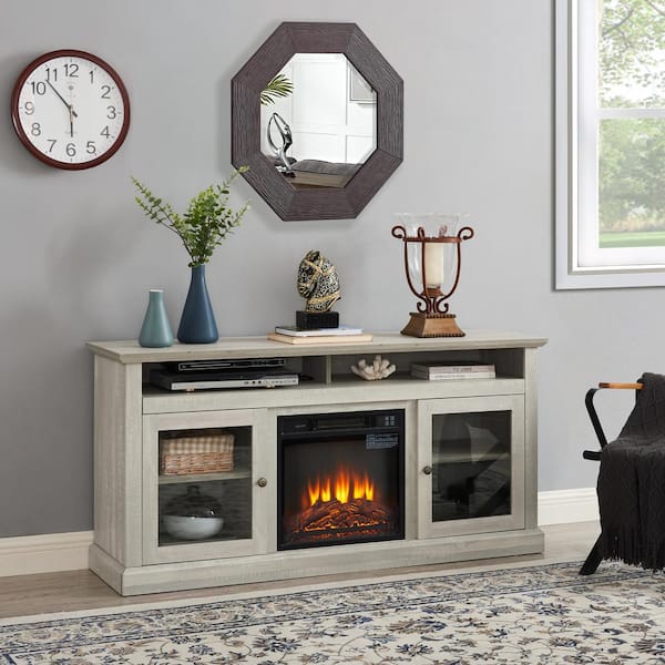 60 in. W TV Stand Entertainment Console for TV Up to 65 in. w/ 18 in. Wall Mount Electric Fireplace Insert in Stone Gray