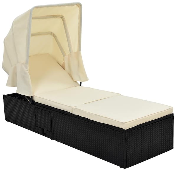 Sireck Black 1-Piece Wicker Outdoor Chaise Lounge with Beige Cushions, Canopy and Cup Table