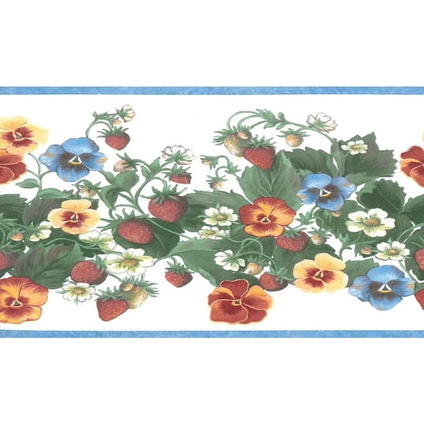 Dundee Deco Falkirk Brin Flowers, Berries On Vine Blue, Red, Yellow, Orange Wallpaper Border