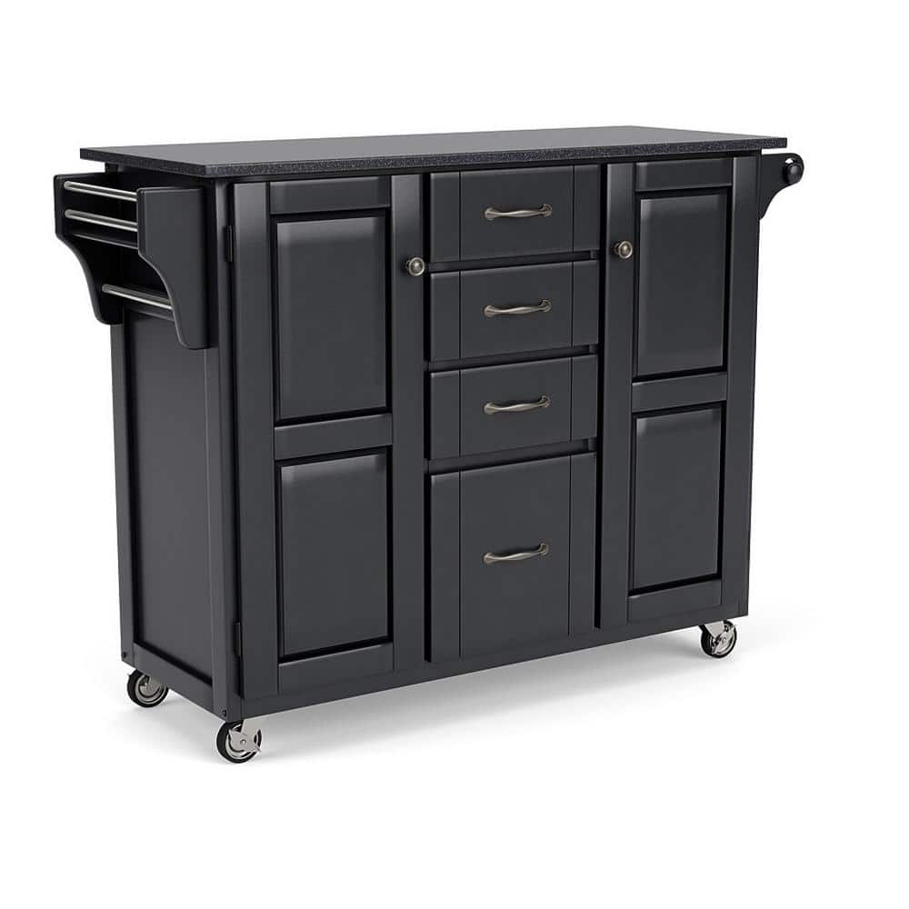 Black Granite Top Kitchen Cart with Storage and Spice Rack