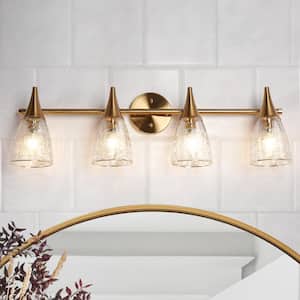 Modern 29 in. 4-Light Plated Brass Vanity Light Bell Wall Light with Textured Clear Glass Shades for Powder Room