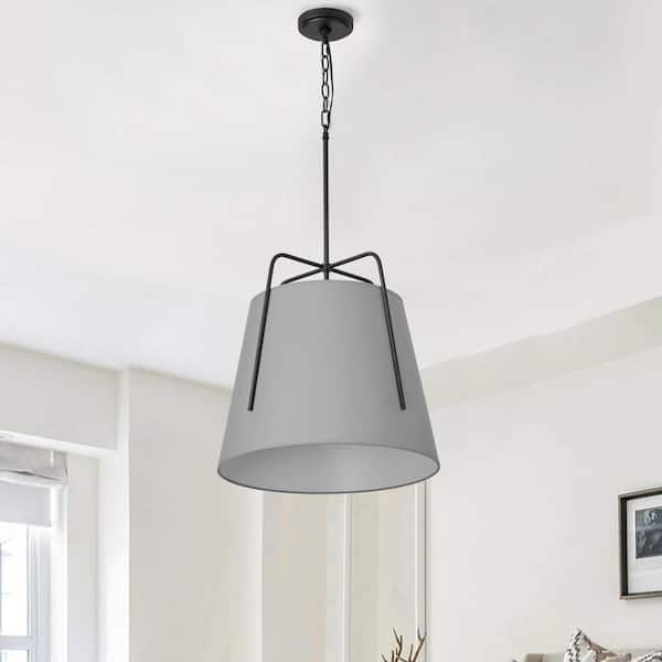 1-Light 19 in. Modern Cone Black Pendant Light Fixture Adjustable Hanging Light with Fabric Drum Shade