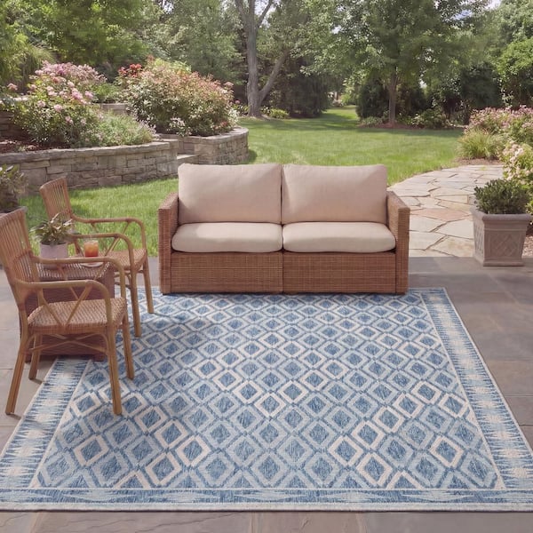 Courtyard Navy/Gray 8 ft. x 11 ft. Border Indoor/Outdoor Patio  Area Rug