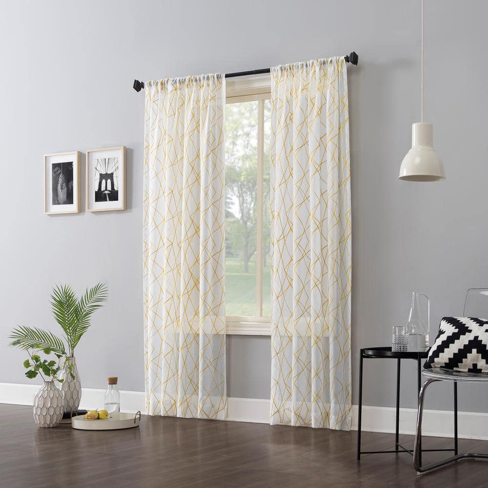 Gold Geometric Embroidery Semi-Sheer Rod Pocket Curtain Panel