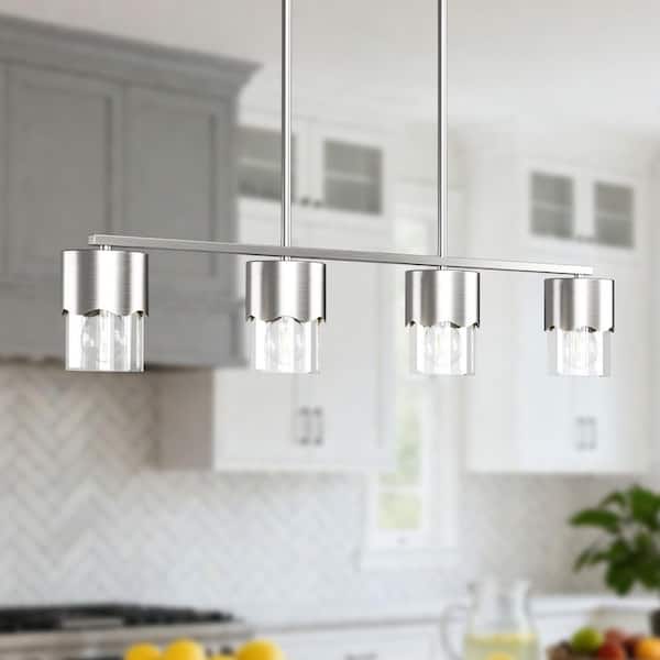 4-Light 35.75 in. Nickel Glass Modern Linear Dimmable Chandeliers Dining Kitchen Ceiling Lights Foyer Bedroom Lighting