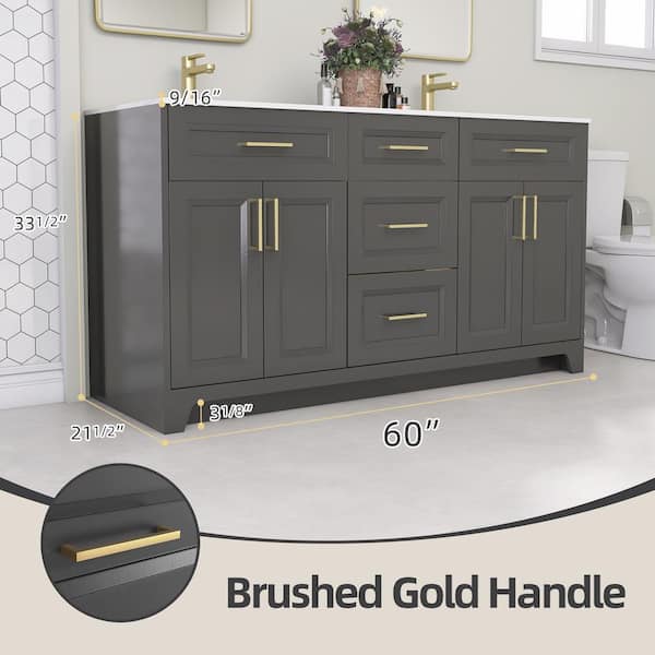 60 in. W x 22 in. D x 34 in. H Double Sink Freestanding Bath Vanity Charcoal Gray with Solid Surface White Top and Basin