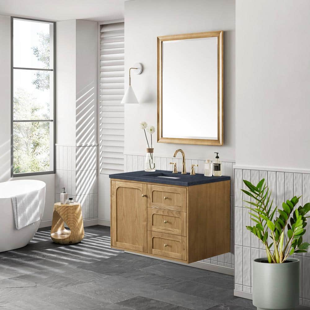 Laurent 36" Light Natural Oak Wall-Mount Vanity with Charcoal Quartz Top