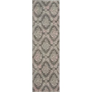 Tranquil Grey/Pink 2 ft. x 7 ft. Persian Vintage Kitchen Runner Area Rug