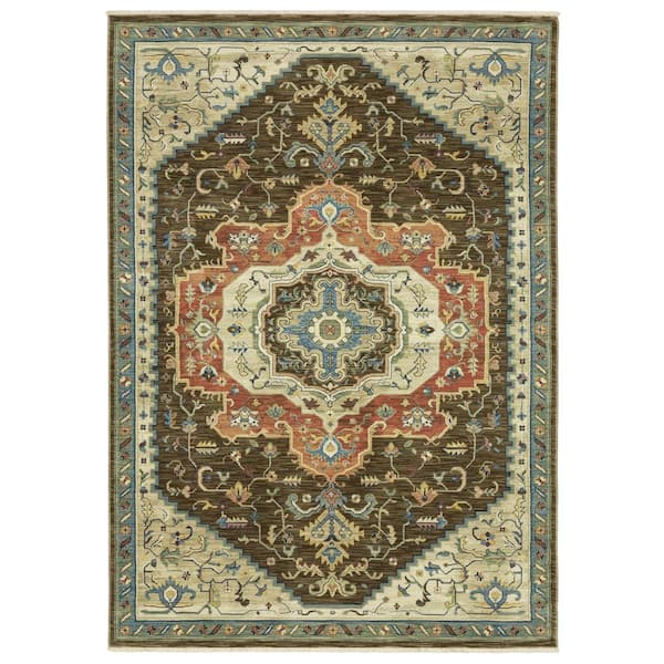 Fleetwood Brown/Orange 5 ft. x 8 ft. Center Oriental Medallion Polypropylene Fringe Edge Indoor Area Rug