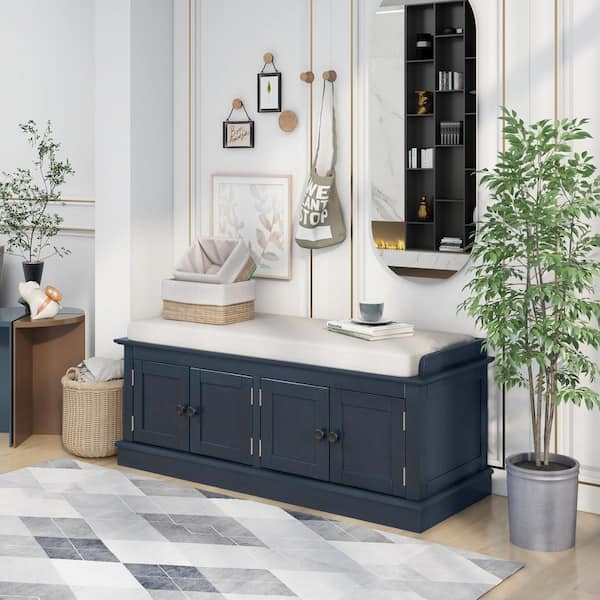 URTR Antique Navy Storage Bench w/ 4-Doors & Adjustable Shelves
