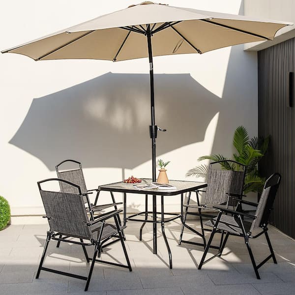 FORCLOVER 34 in. Square Outdoor Dining Table with Umbrella Hole and Tempered Glass Tabletop