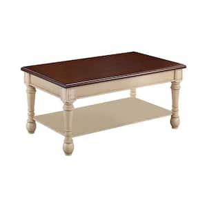 43.75in Dark Cherry and Antique White Rectangle Wood Coffee Table with Lower Shelf