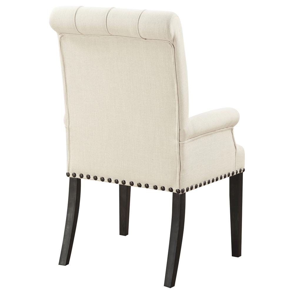 Elegant Beige Linen Upholstered High Arm Chair with Smokey Black Wood