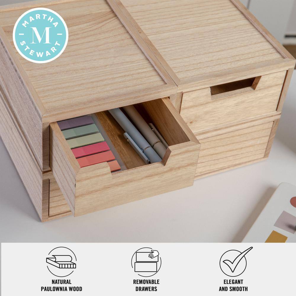 Light Natural Paulownia Wood Stackable Storage Boxes with Drawers, Set of 3