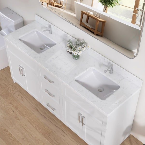 66 in. W x 22 in. D Engineered Stone Rectangular Double Sink Vanity Top in Carrara White with 4 in. H Backsplash
