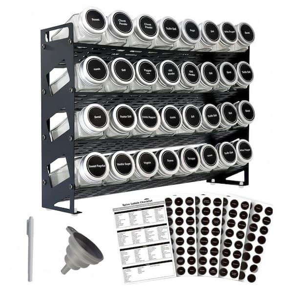 4 Shelf Matte Black Wall Mount Spice Rack Organizer Set with 32 Square Jars and 160 Labels for Kitchen