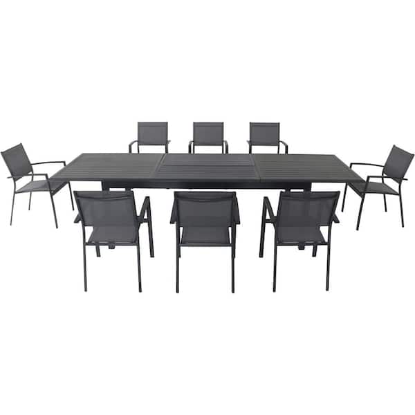Hanover Dawson 9-Piece Aluminum Outdoor Dining Set with 8-Sling Chairs and an Expandable 40 in. x 118 in. Table