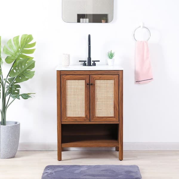 Jasper 24 in. W x 18 in. D x 33 in. H Rattan Modern Coastal 2-Shelf Bath Vanity Cabinet without Top in Walnut