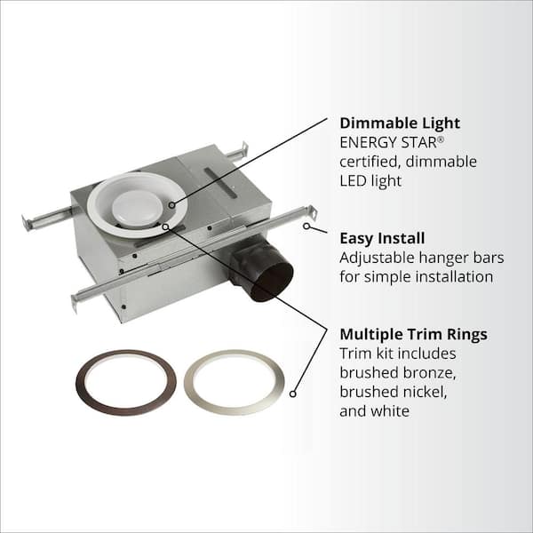White Adjustable 50-80 CFM Ceiling Bathroom Exhaust Fan with Light Easy Change Trim Kit, ENERGY STAR