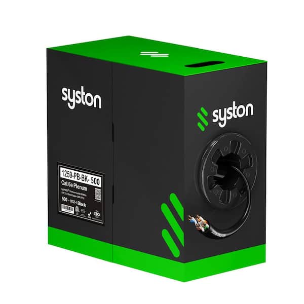 Syston Cable Technology 500 ft. Black CMP (Plenum Rated) Cat 6e 600 MHz 23 AWG Solid Bare Copper Ethernet Network Cable - Bulk No Ends