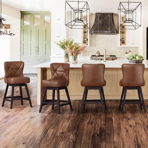 Hampton 26 in. Dark Brown Solid Wood Frame Counter Stool with Back Faux Leather Upholstered Swivel Bar Stool Set of 6