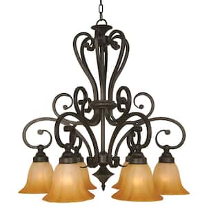 Florence Collection 6-Light Venetian Bronze Hanging Chandelier with Marble Sunset Glass Shade