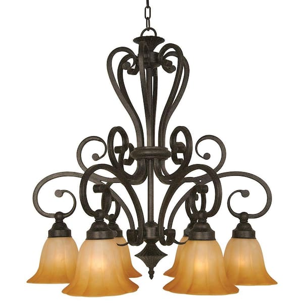 Yosemite Home Decor Florence Collection 6-Light Venetian Bronze Hanging Chandelier with Marble Sunset Glass Shade
