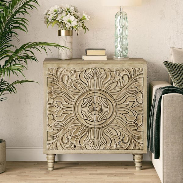 Farmhouse Weathered White 29.33 in. H Storage Cabinet with Carved Flower Motif Front