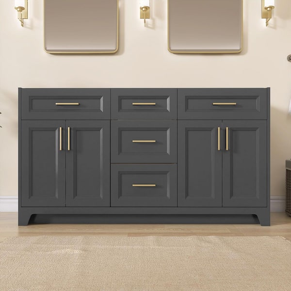 Getpro 60 in. W x 21.5 in. D x 33.5 in. H Freestanding Solid Wood Bath Vanity Cabinet Without Top in Deep Gray Assembled