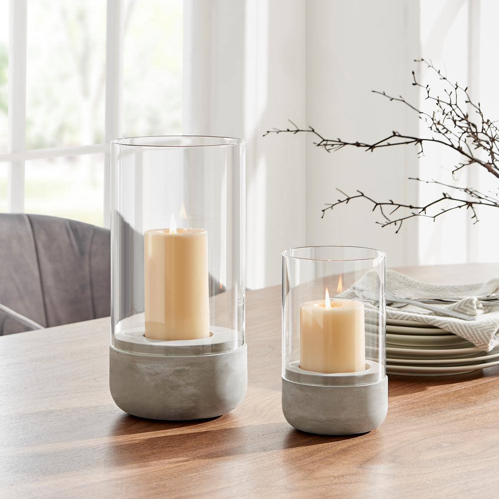 Small Cool Gray Cement Base and Glass Hurricane Candle Holder
