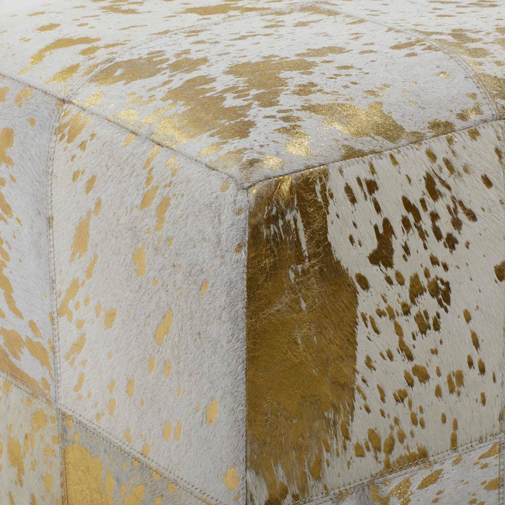 Gold and Beige Leather Box Pouf Stool