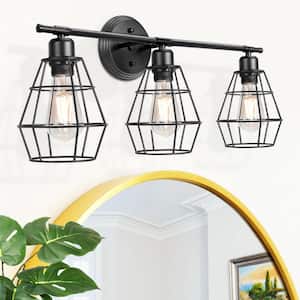22 in. 3-Light Black Modern Industrial Bathroom Vanity Light with Metal Unqiue Cage Shade for Mirror