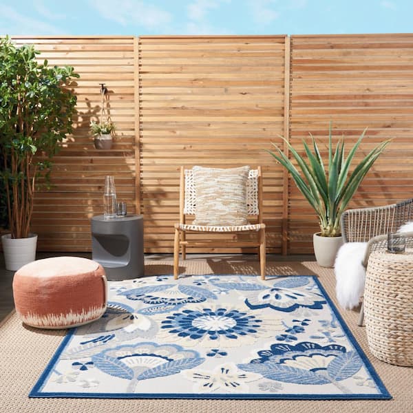 Aloha Blue/Gray 5 ft. x 8 ft. Floral Contemporary Indoor/Outdoor Patio Area Rug