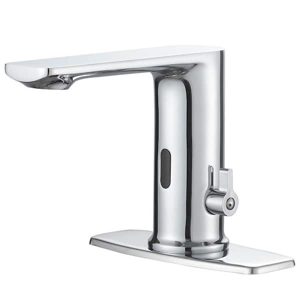 Automatic Sensor Touchless Single Hole Bathroom Sink Faucet with Deck Plate in Polished Chrome