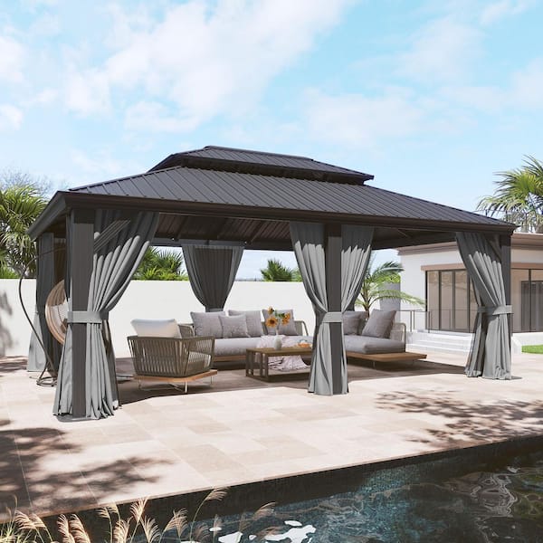 Sizzim 20 ft. x 14 ft. Outdoor Double Roof Hardtop Gazebo with Gutters, Aluminum Frame, Ceiling Hook, Netting and Curtains