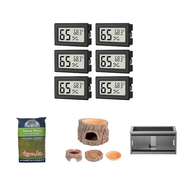 Mini Digital Thermometer Hygrometer (6-Pack), Sheet Moss, 3 in 1 Reptile Hide Cave and 24 in. Reptile Lounge Combo
