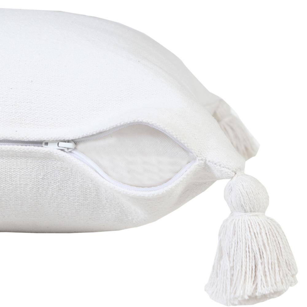White Cotton Square Throw Pillow with Tassels
