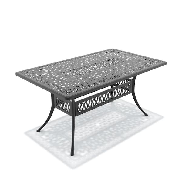Black Rectangle Cast Aluminum 58.27 in. x 34.65 in. Outdoor Patio Dining Table with 1.88 in. Umbrella Hole