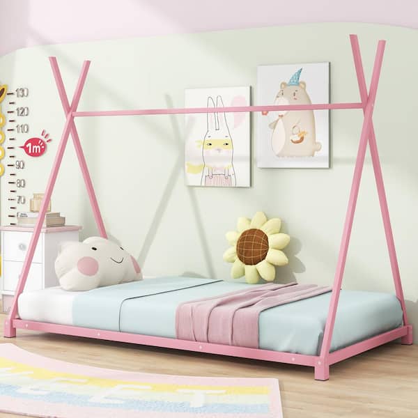 Harper & Bright Designs Pink Metal Twin Size House Platform Bed with Triangle Structure and X-Shaped Safety Railings