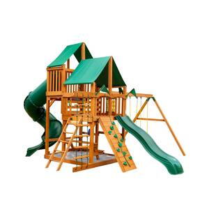 Great Skye I Wooden Outdoor Playset with Green Vinyl Canopy and 2 Wave Slides, and Backyard Swing Set Accessories