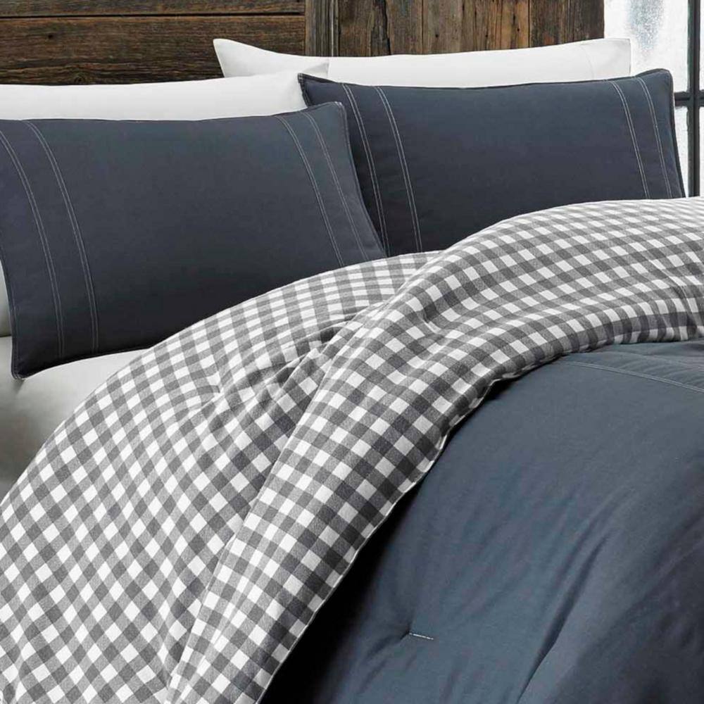 Full/Queen Charcoal Cotton Flannel Reversible Duvet Cover Set