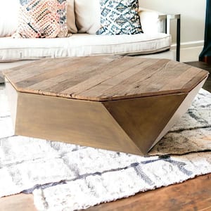 48 in. Brown Octagon Wood Coffee Table with Storage