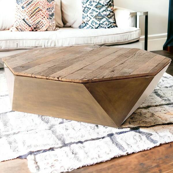 HomeRoots 48 in. Brown Octagon Wood Coffee Table with Storage
