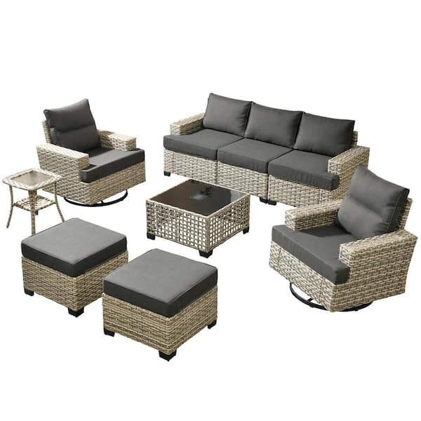 Kelleys 9-Piece Wicker Outdoor Patio Conversation Sofa Furniture Set with Swivel Chairs, Tables and Black Cushions